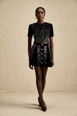 Riccarda Skirt & Top Set Black Velvet Sequin Crystal Embellished