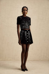Riccarda Skirt & Top Set Black Velvet Sequin Crystal Embellished