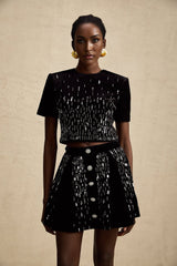 Riccarda Skirt & Top Set Black Velvet Sequin Crystal Embellished