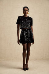 Riccarda Skirt & Top Set Black Velvet Sequin Crystal Embellished