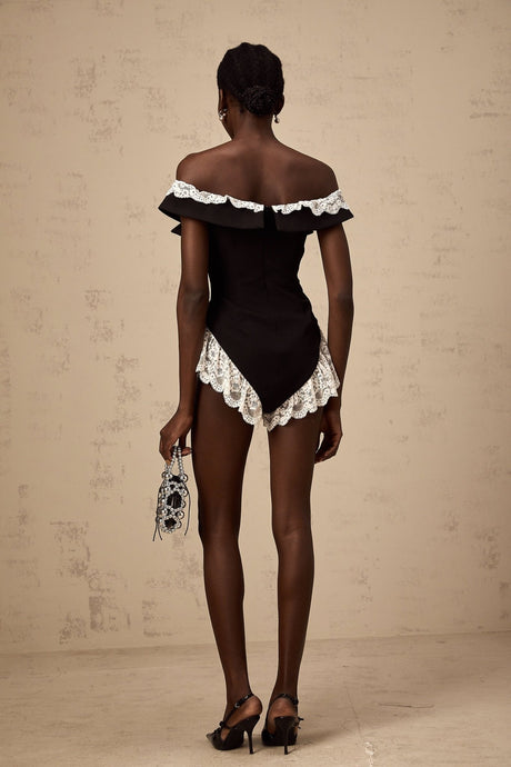 Riley Bodysuit Black & White Lace Trim Off Shoulder Ruffle Zip
