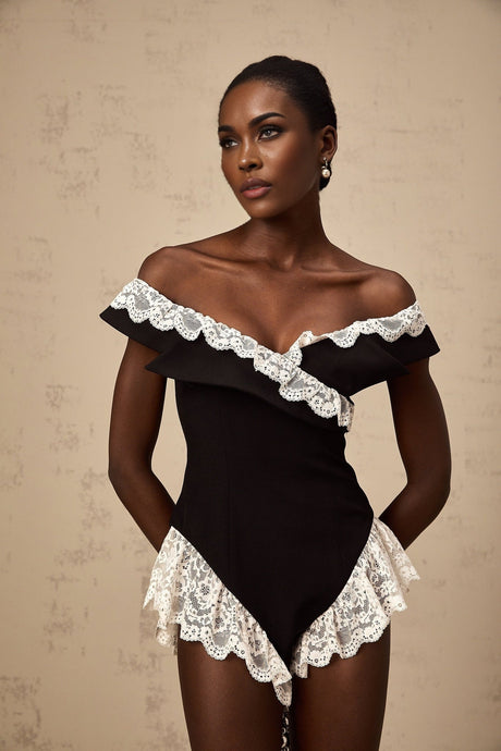 Riley Bodysuit Black & White Lace Trim Off Shoulder Ruffle Zip