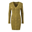 Riley Dress - Fitted Silhouette - Textured Button - Down Design - Bodycon Fit - Gold Button Embellishments