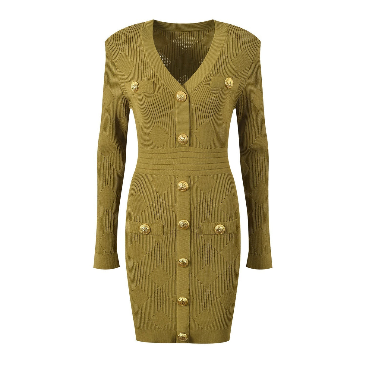 Riley Dress - Fitted Silhouette - Textured Button - Down Design - Bodycon Fit - Gold Button Embellishments