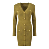 Riley Dress - Fitted Silhouette - Textured Button - Down Design - Bodycon Fit - Gold Button Embellishments