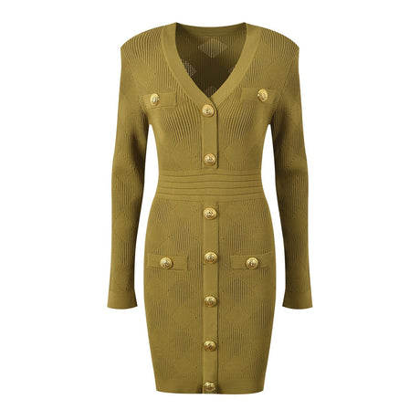 Riley Dress - Fitted Silhouette - Textured Button - Down Design - Bodycon Fit - Gold Button Embellishments