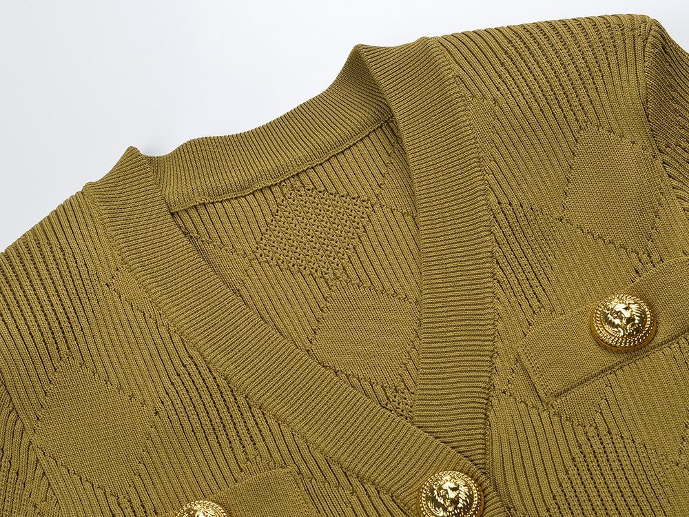 Riley Dress - Fitted Silhouette - Textured Button - Down Design - Bodycon Fit - Gold Button Embellishments