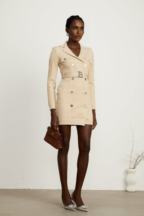 Riley Neutral Knitted V Neck Dress with Detachable Belt