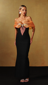 Rina Black One-Shoulder Maxi Dress with Beaded Detailing