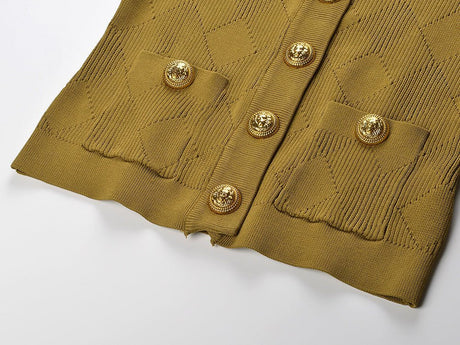 Rina Cardigan - Fitted Silhouette - Ribbed Texture - Classic Button - Up - Gold Button Embellishments - Versatile Styling
