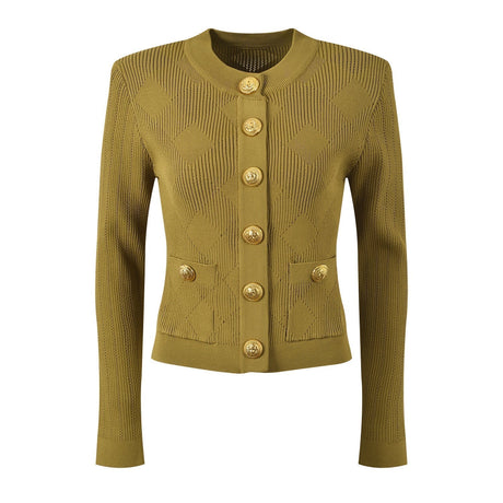 Rina Cardigan - Fitted Silhouette - Ribbed Texture - Classic Button - Up - Gold Button Embellishments - Versatile Styling