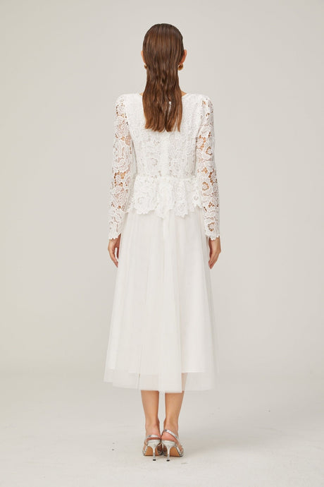 Rina Midi Dress White Tulle Guipure Lace Peplum Floral Choker