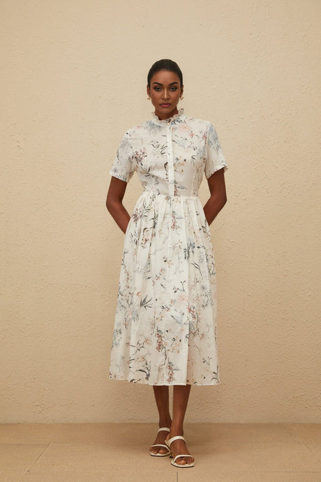 Rinata Midi Dress - Short Sleeves - Frilled Neck - Tied Waist - Floral Print - Shirred Effect