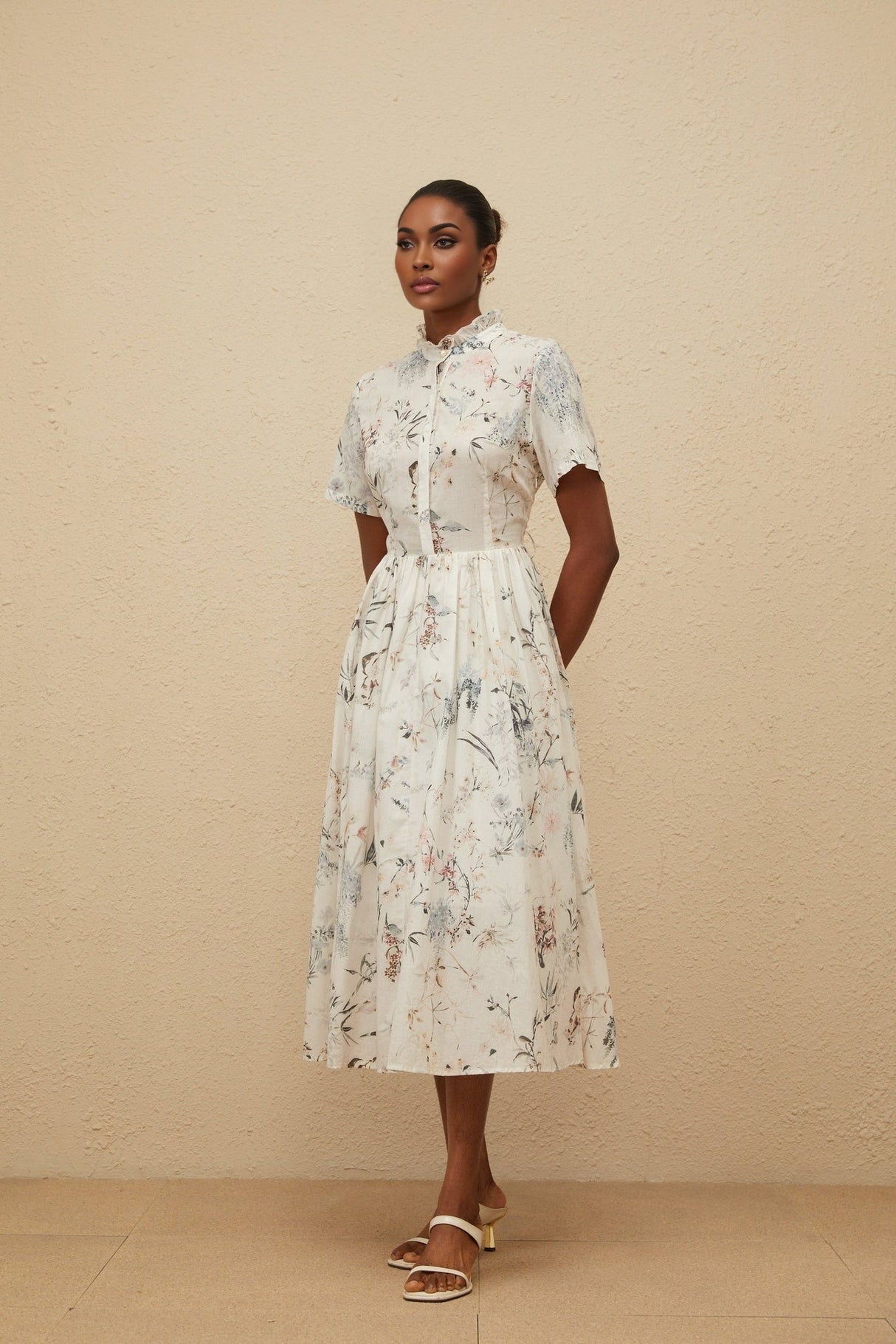 Rinata Midi Dress - Short Sleeves - Frilled Neck - Tied Waist - Floral Print - Shirred Effect