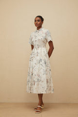 Rinata Midi Dress - Short Sleeves - Frilled Neck - Tied Waist - Floral Print - Shirred Effect