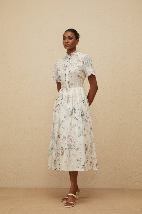 Rinata Midi Dress - Short Sleeves - Frilled Neck - Tied Waist - Floral Print - Shirred Effect