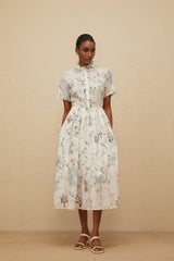 Rinata Midi Dress - Short Sleeves - Frilled Neck - Tied Waist - Floral Print - Shirred Effect