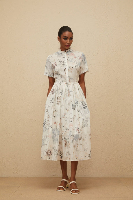 Rinata Midi Dress - Short Sleeves - Frilled Neck - Tied Waist - Floral Print - Shirred Effect