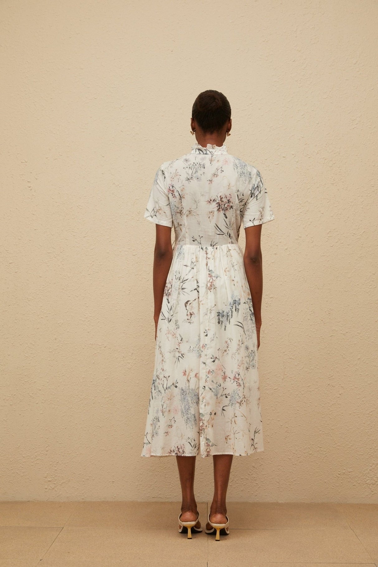Rinata Midi Dress - Short Sleeves - Frilled Neck - Tied Waist - Floral Print - Shirred Effect