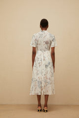 Rinata Midi Dress - Short Sleeves - Frilled Neck - Tied Waist - Floral Print - Shirred Effect