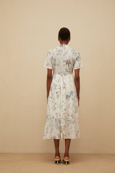 Rinata Midi Dress - Short Sleeves - Frilled Neck - Tied Waist - Floral Print - Shirred Effect