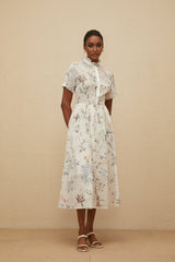 Rinata Midi Dress - Short Sleeves - Frilled Neck - Tied Waist - Floral Print - Shirred Effect