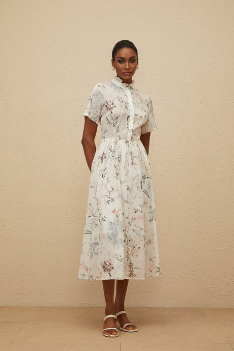 Rinata Midi Dress - Short Sleeves - Frilled Neck - Tied Waist - Floral Print - Shirred Effect