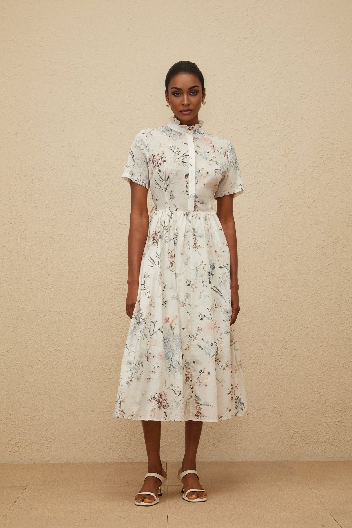 Rinata Midi Dress - Short Sleeves - Frilled Neck - Tied Waist - Floral Print - Shirred Effect