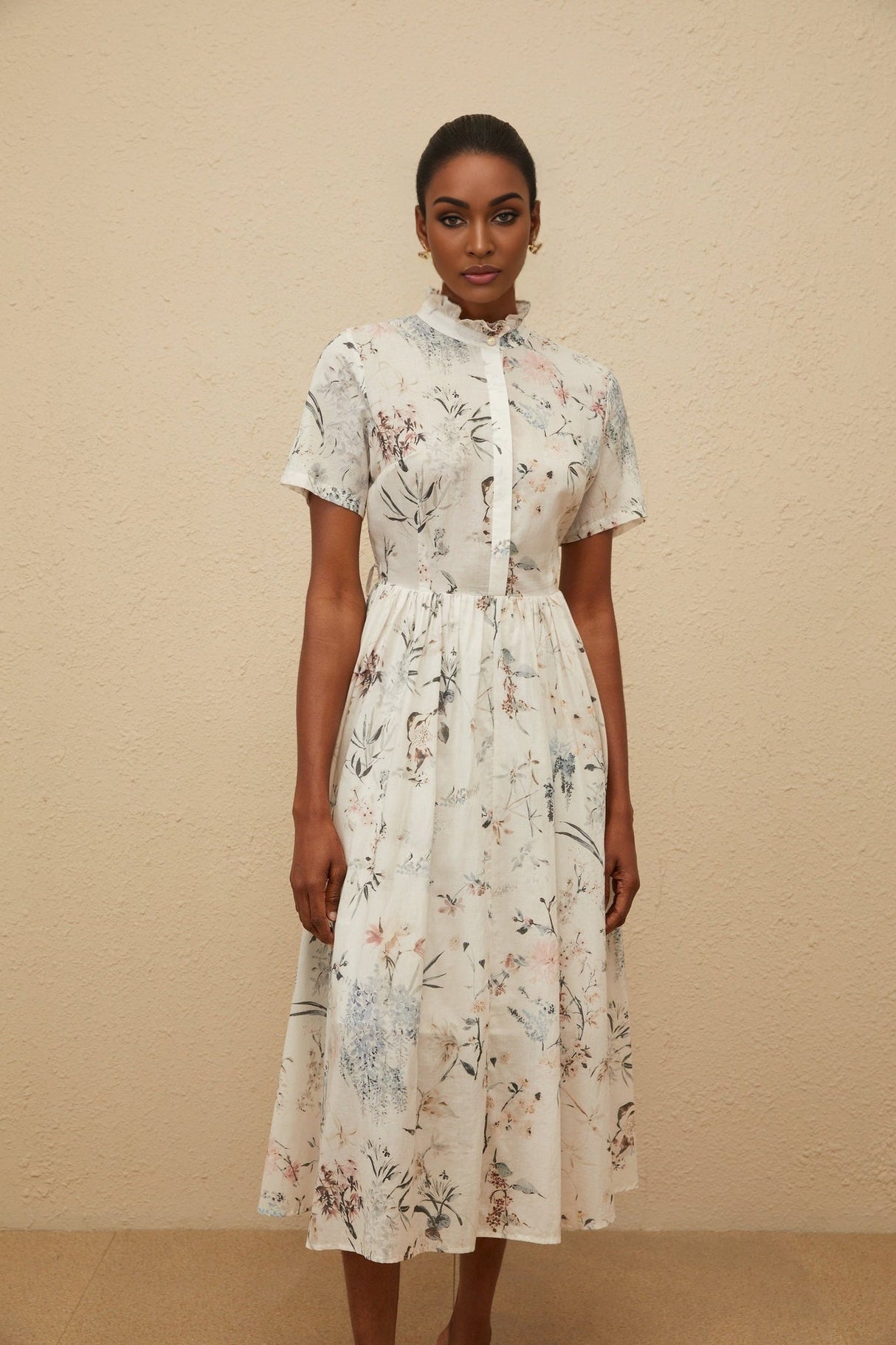 Rinata Midi Dress - Short Sleeves - Frilled Neck - Tied Waist - Floral Print - Shirred Effect