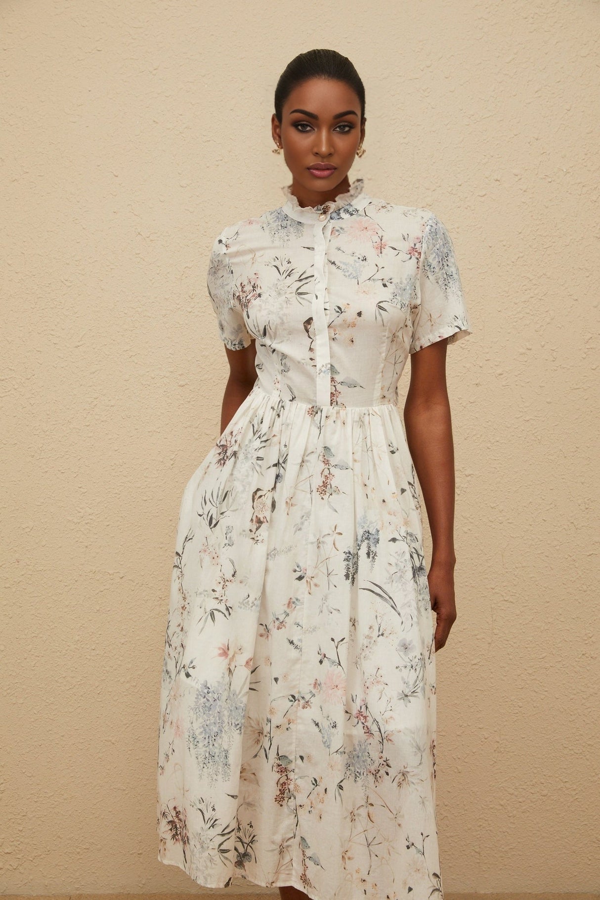 Rinata Midi Dress - Short Sleeves - Frilled Neck - Tied Waist - Floral Print - Shirred Effect
