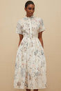 Rinata Midi Dress - Short Sleeves - Frilled Neck - Tied Waist - Floral Print - Shirred Effect