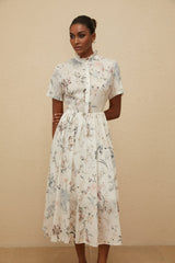 Rinata Midi Dress - Short Sleeves - Frilled Neck - Tied Waist - Floral Print - Shirred Effect