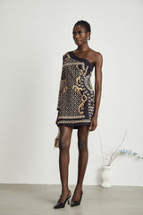 Rinata Mini Dress Pearl Embellished One Shoulder Black Gold