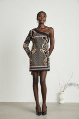 Rinata Mini Dress Pearl Embellished One Shoulder Black Gold