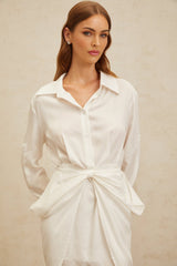 Rinata Mini Dress - Spread Collar - Long Sleeves - Fitted Waistline - Ruched Detailing - Bow Embellishment