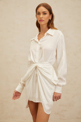 Rinata Mini Dress - Spread Collar - Long Sleeves - Fitted Waistline - Ruched Detailing - Bow Embellishment