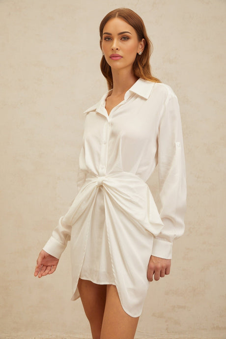 Rinata Mini Dress - Spread Collar - Long Sleeves - Fitted Waistline - Ruched Detailing - Bow Embellishment