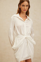 Rinata Mini Dress - Spread Collar - Long Sleeves - Fitted Waistline - Ruched Detailing - Bow Embellishment