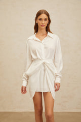 Rinata Mini Dress - Spread Collar - Long Sleeves - Fitted Waistline - Ruched Detailing - Bow Embellishment