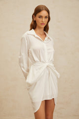 Rinata Mini Dress - Spread Collar - Long Sleeves - Fitted Waistline - Ruched Detailing - Bow Embellishment