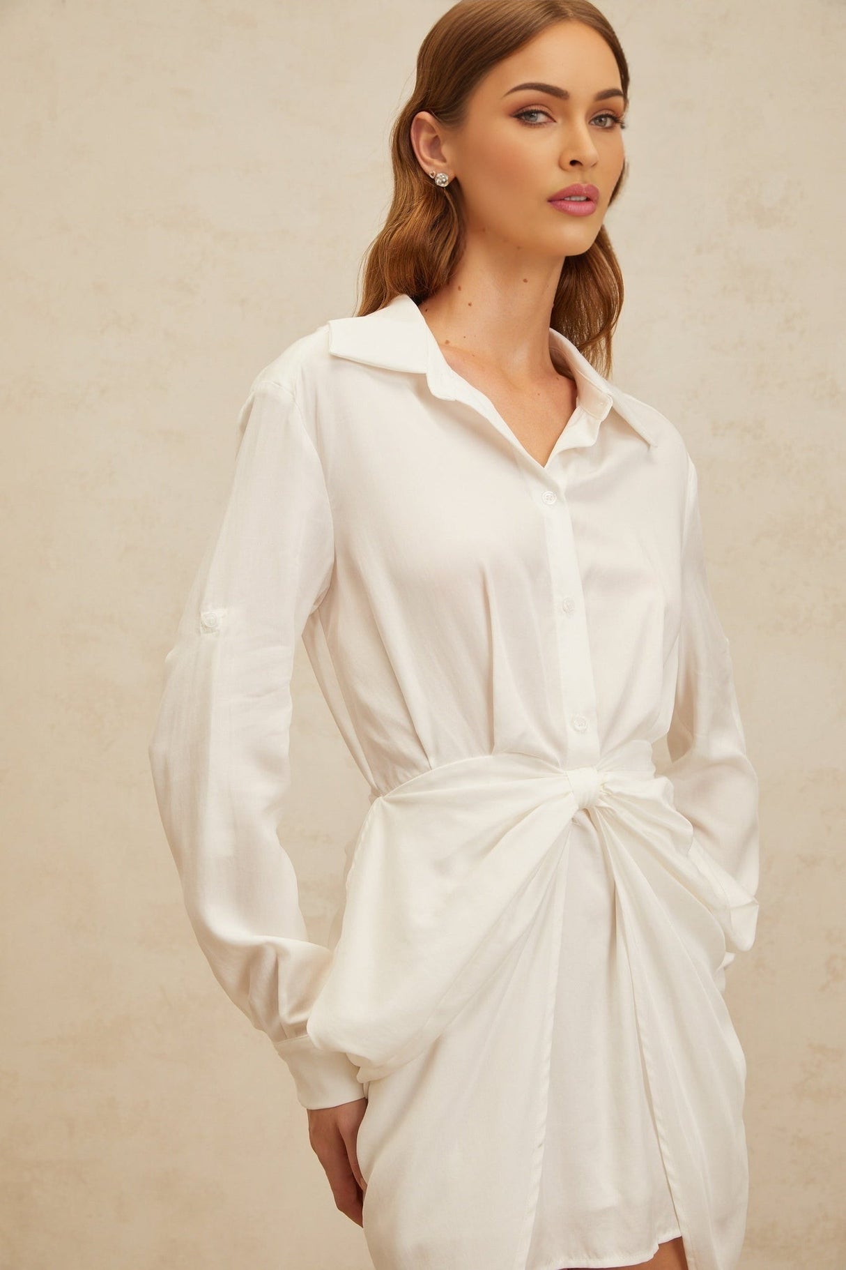 Rinata Mini Dress - Spread Collar - Long Sleeves - Fitted Waistline - Ruched Detailing - Bow Embellishment