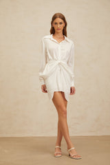 Rinata Mini Dress - Spread Collar - Long Sleeves - Fitted Waistline - Ruched Detailing - Bow Embellishment