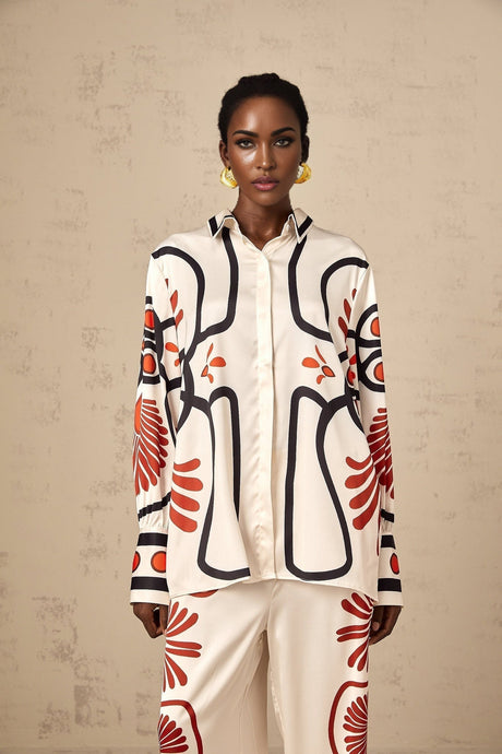 Rinata Shirt & Trousers White Multicolor Graphic Print Set