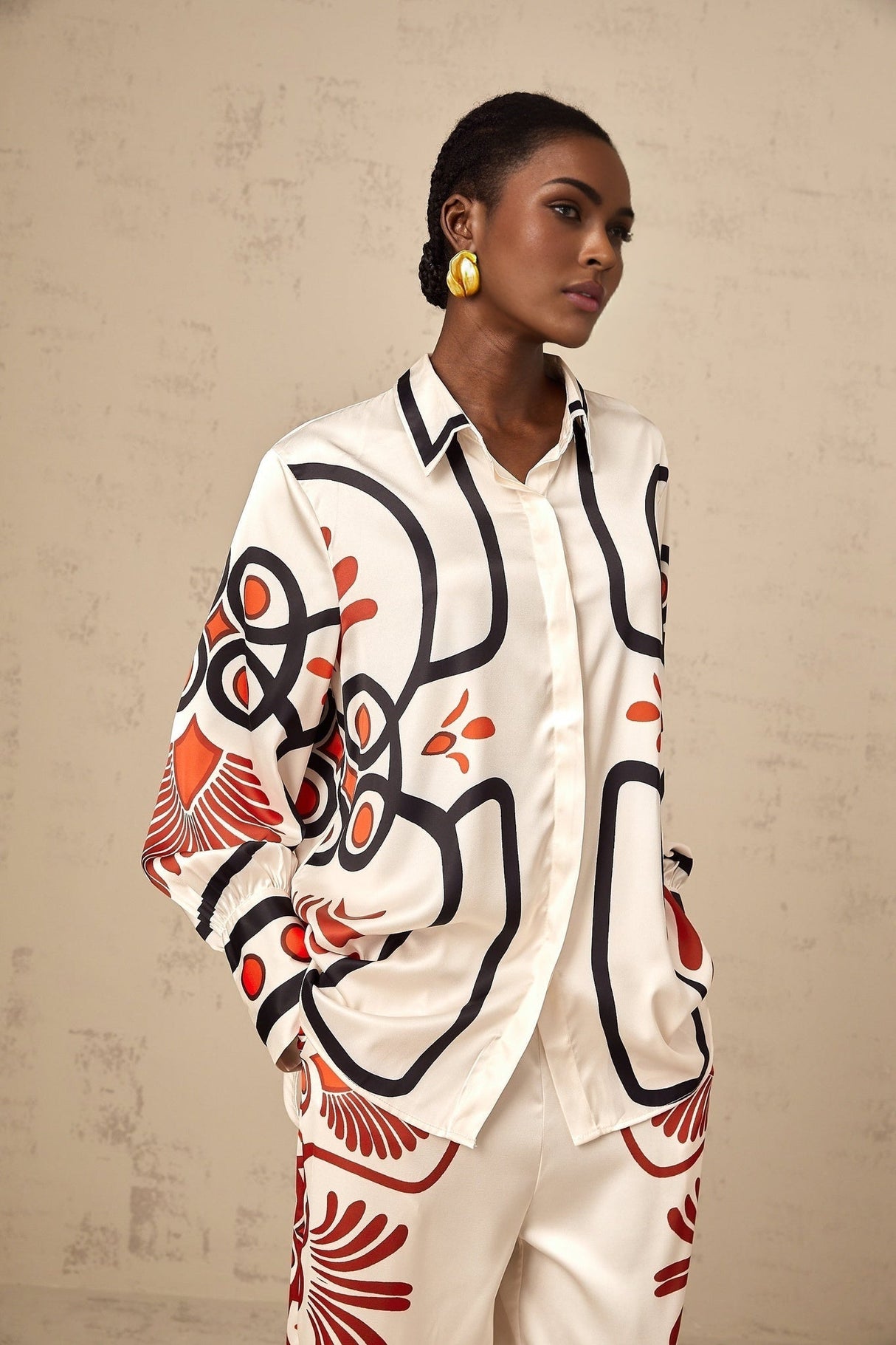 Rinata Shirt & Trousers White Multicolor Graphic Print Set