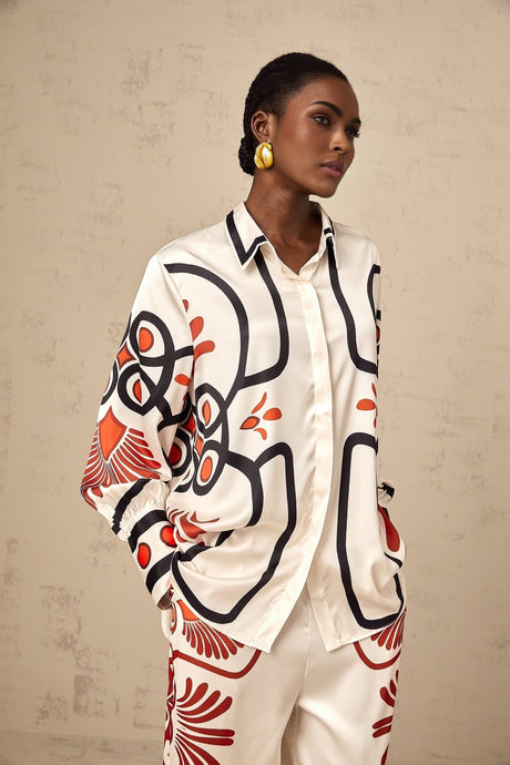 Rinata Shirt & Trousers White Multicolor Graphic Print Set