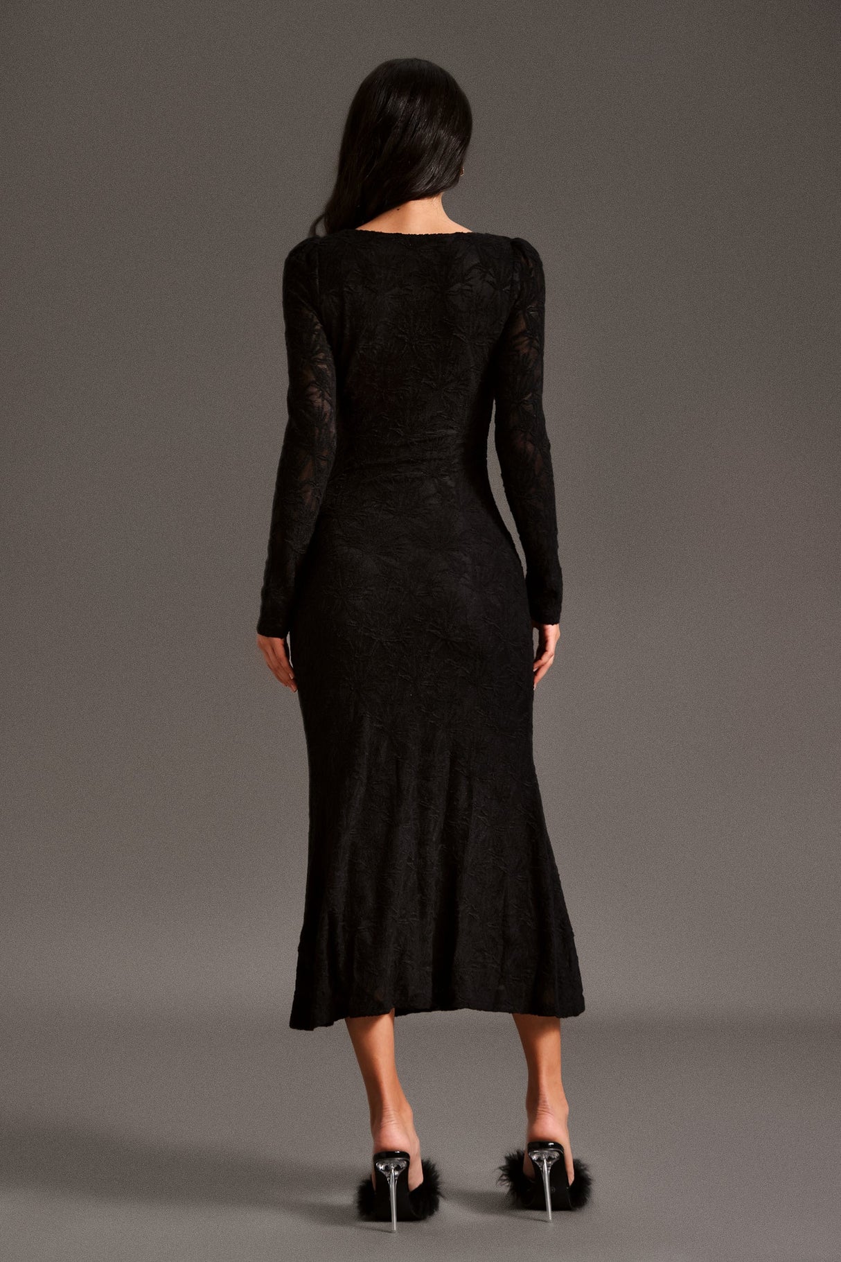 Rita Black Lace Square Neckline Long Sleeve Floral Detail Dress