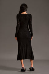 Rita Black Lace Square Neckline Long Sleeve Floral Detail Dress