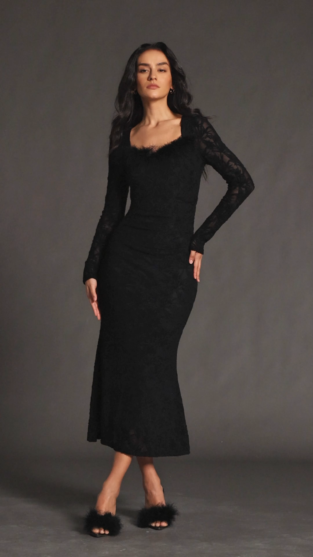 Rita Black Lace Square Neckline Long Sleeve Floral Pattern Dress