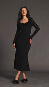 Rita Black Lace Square Neckline Long Sleeve Floral Pattern Dress