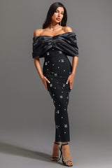 Rita Black Satin Embellished Off-Shoulder Gown